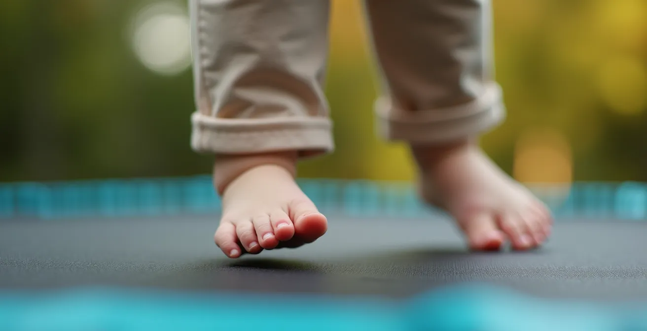 Gros plan sur les mains et pieds d’un enfant en mouvement sur un trampoline, détaillant la coordination moteur