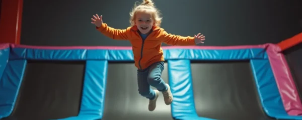 Un enfant joyeux sautant sur un trampoline dans un parc lumineux avec un fond propre et espace négatif