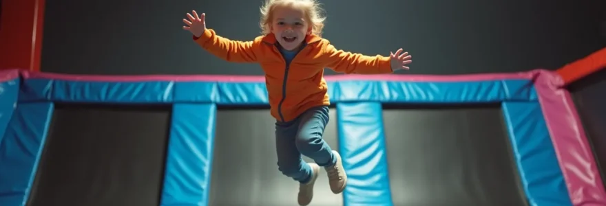 Un enfant joyeux sautant sur un trampoline dans un parc lumineux avec un fond propre et espace négatif