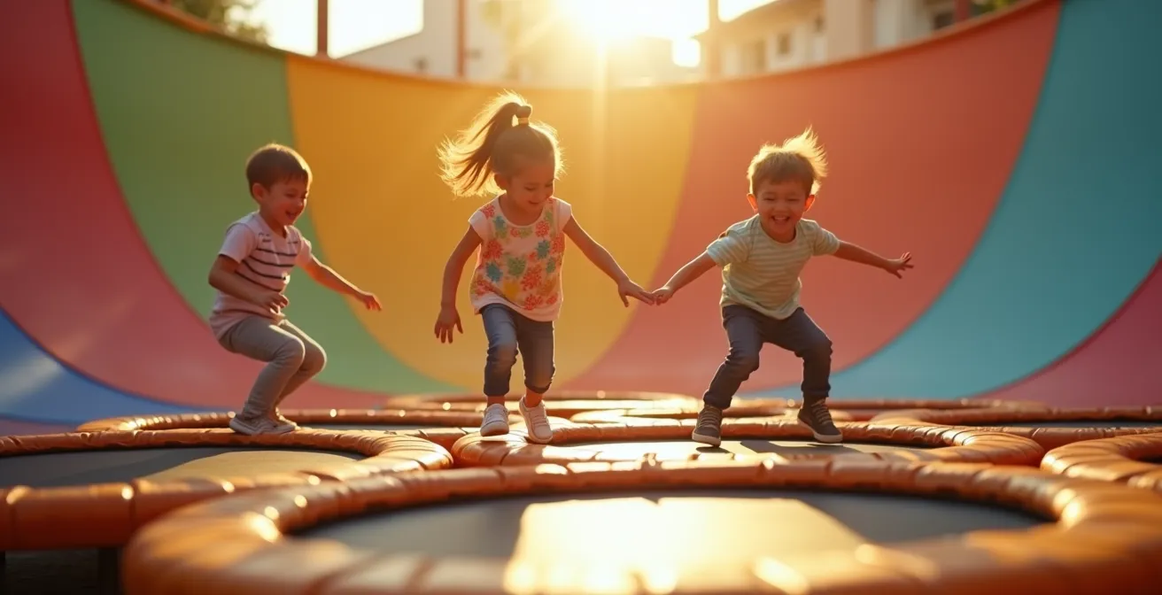 Enfants jouant ensemble sur trampolines dans une ambiance ludique et chaleureuse