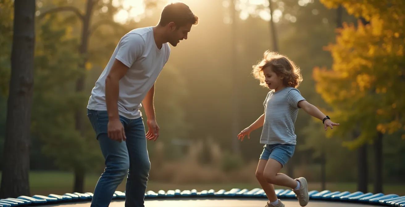 Un parent encadrant son enfant attentivement lors d’une séance au trampoline park, ambiance sécuritaire