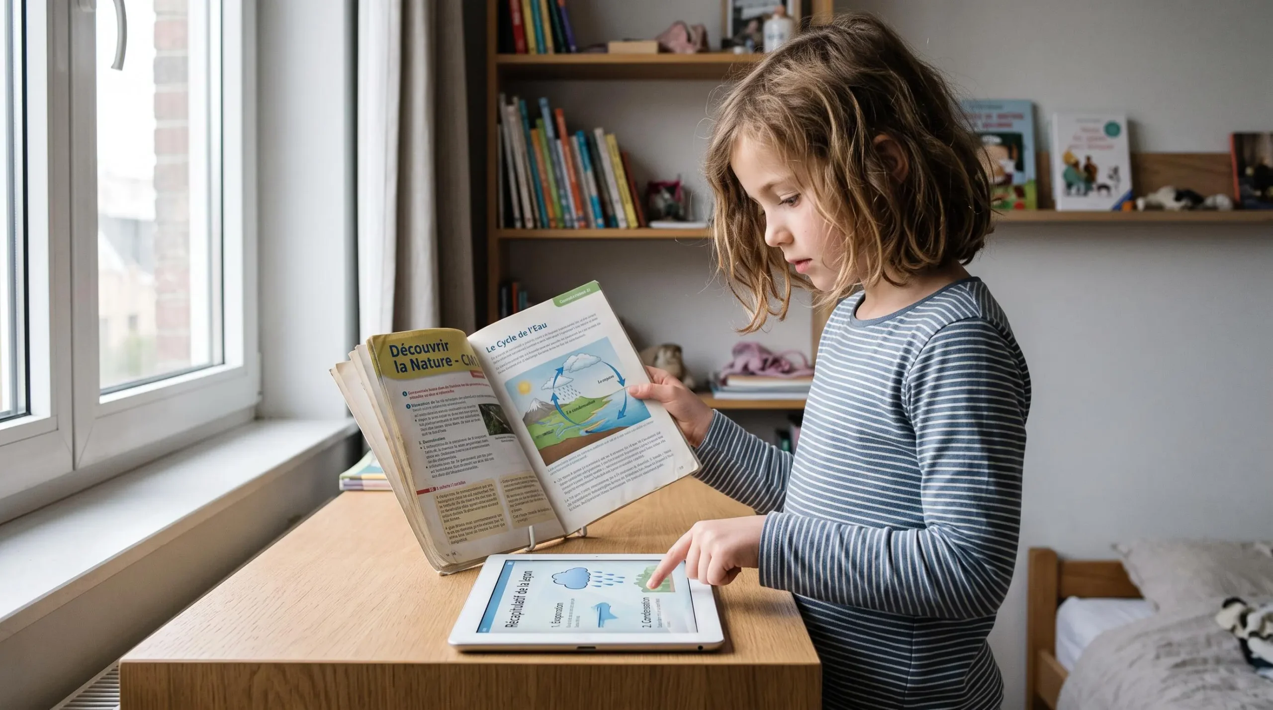 Enfant debout comparant un manuel de sciences et une tablette posée sur un bureau, dans une chambre lumineuse.