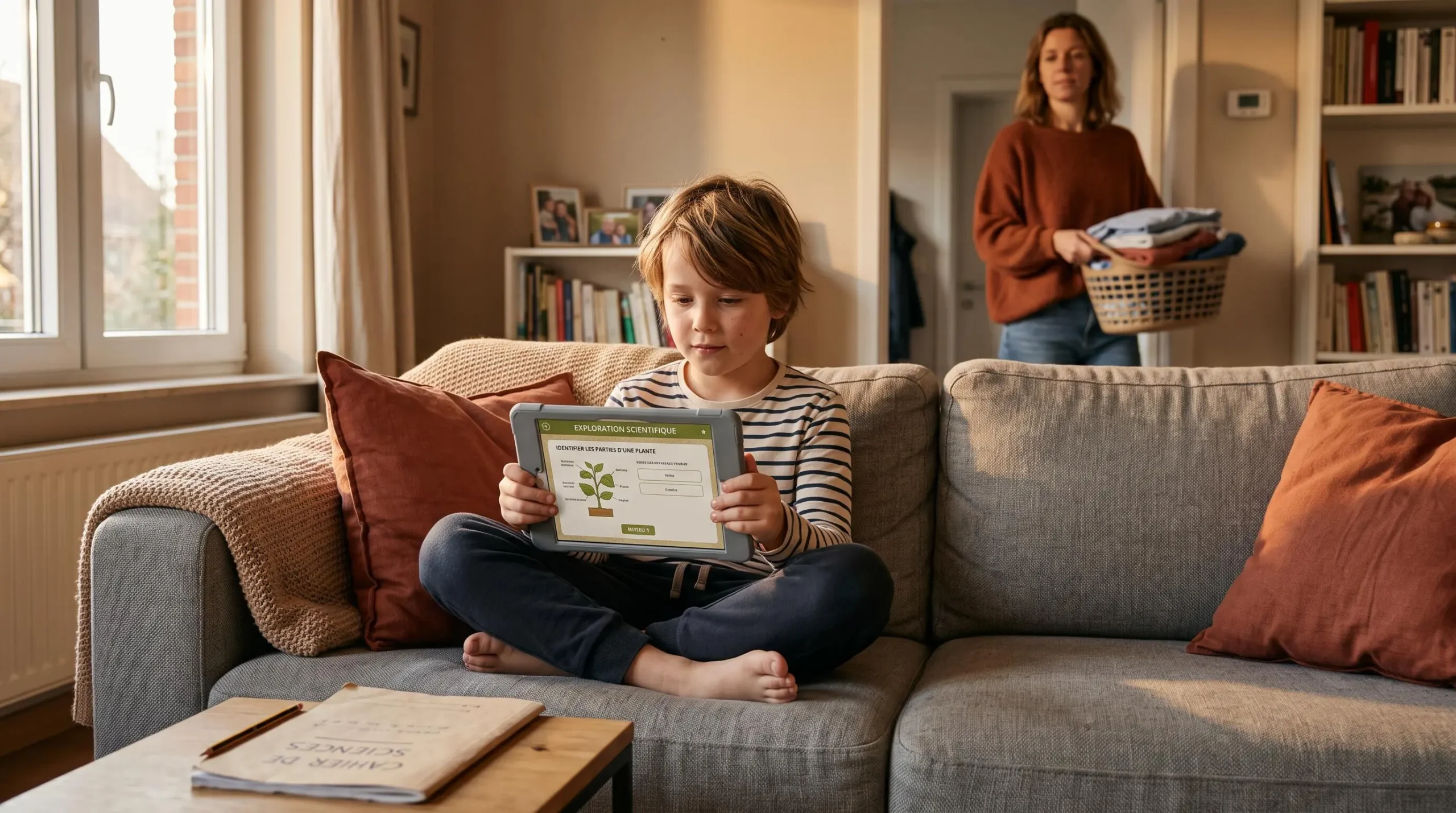 Enfant assis en tailleur sur un canapé, concentré sur un exercice de sciences sur tablette, pendant qu'un adulte passe en arrière-plan.