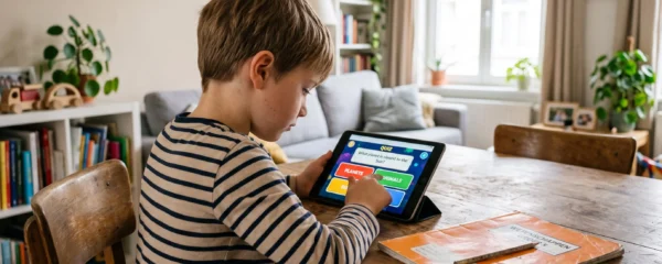 Enfant d'environ 8 ans utilisant une tablette pour répondre à un quiz de sciences interactif, à table dans le salon d'une maison belge.