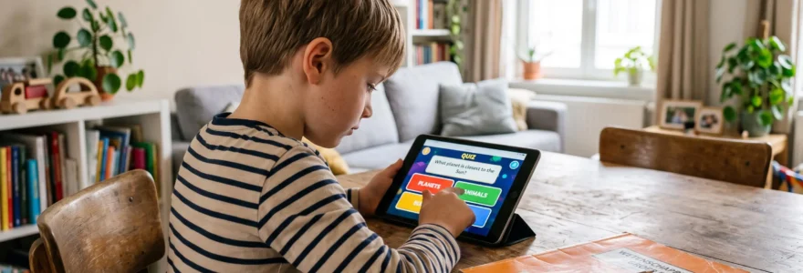 Enfant d'environ 8 ans utilisant une tablette pour répondre à un quiz de sciences interactif, à table dans le salon d'une maison belge.