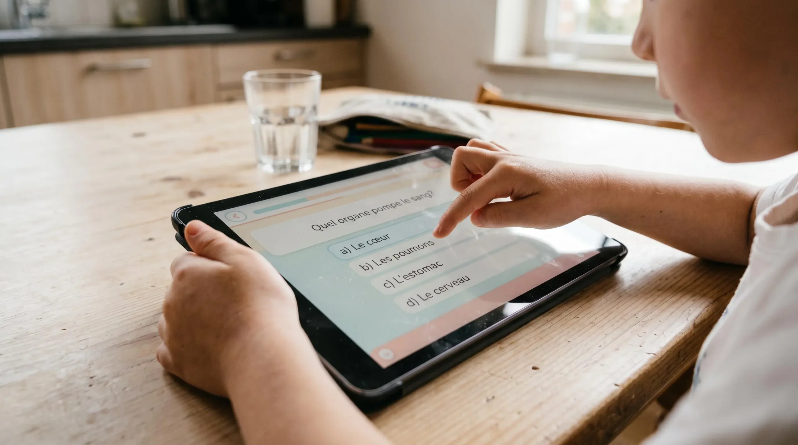 Gros plan sur les mains d'un enfant touchant l'écran d'une tablette pour choisir une réponse dans un exercice de sciences interactif.