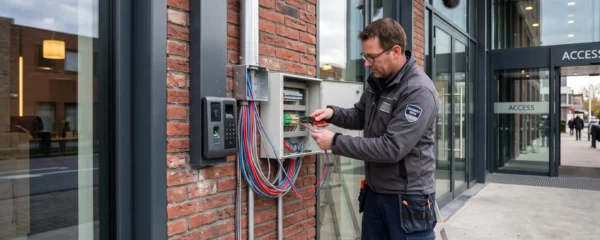 Technicien installant un système de contrôle d'accès intégré à l'entrée d'un bâtiment professionnel belge avec caméra de surveillance visible