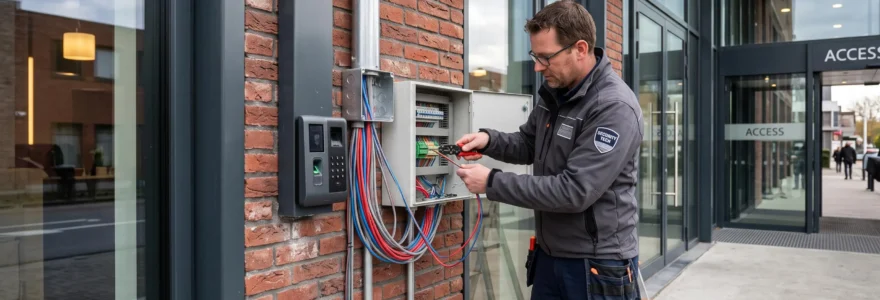 Technicien installant un système de contrôle d'accès intégré à l'entrée d'un bâtiment professionnel belge avec caméra de surveillance visible